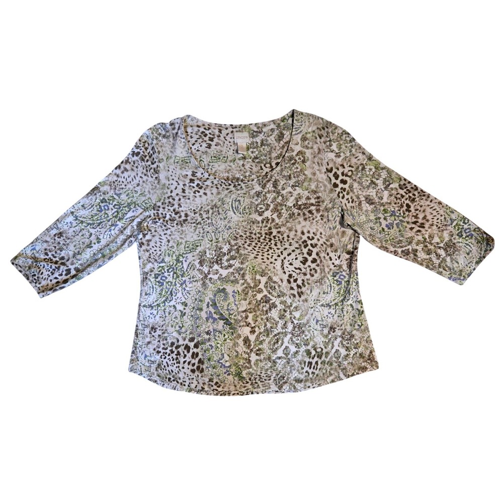 Chicos Women's Size 2/LG Mixed Leopard Paisley Print 3/4 Sleeve Scoop Neck Top